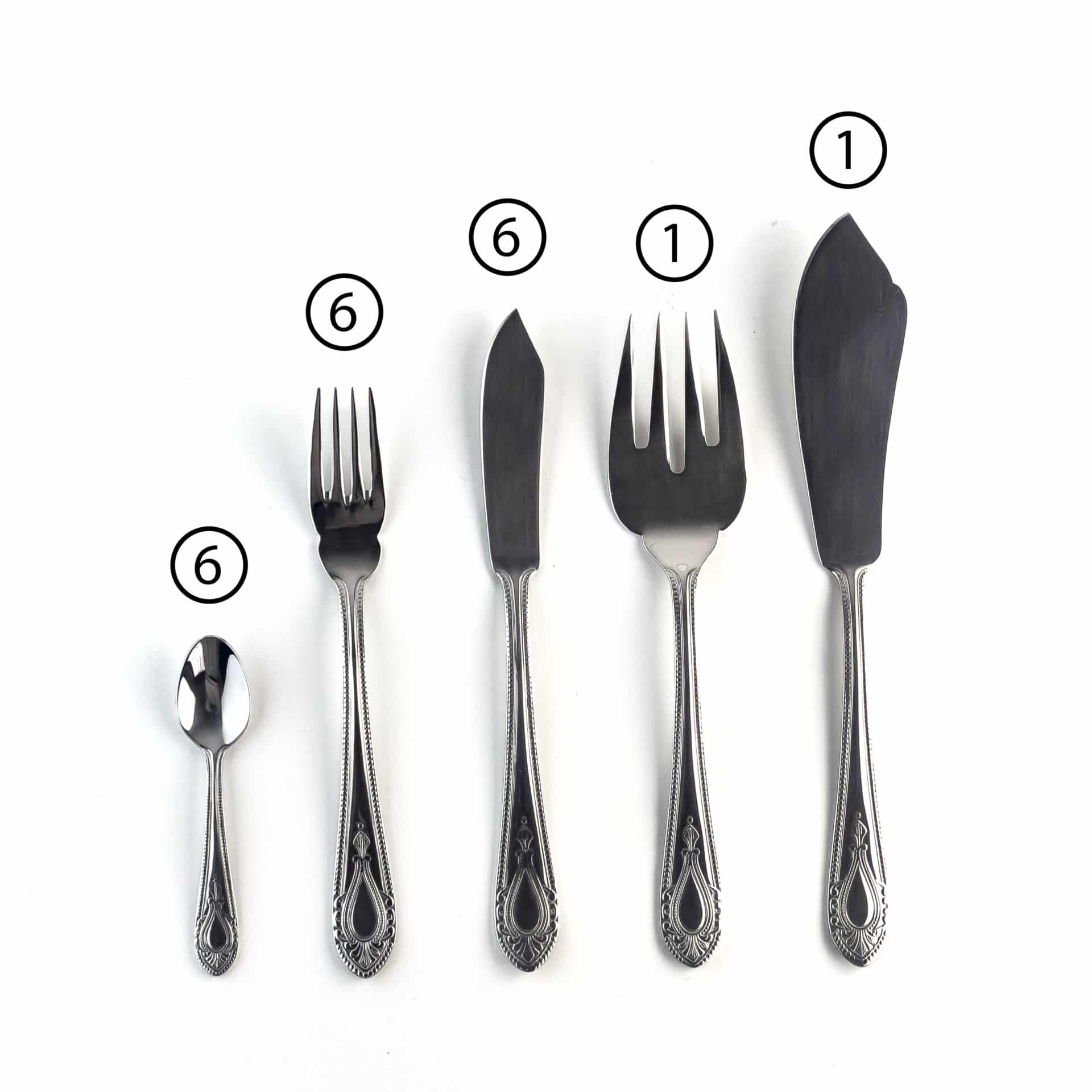 Cuberteria de pescado acero inoxidable (20 piezas) Koln 1285, 6 tenedores, 6 cuchillos fileteadores, 6 cucharas de postre, 1 pala, 1 tenedor de servir - Imagen 9