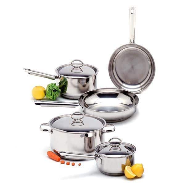 Batería de cocina en acero inoxidable (8 piezas) Boston, 1 cazuela (24 cm), juego de cazos (16 cm y 18 cm), juego de sartenes (20 cm y 24 cm), 1 juego de tapas (16 cm, 18 cm y 24 cm), no apta para inducción - Imagen 2